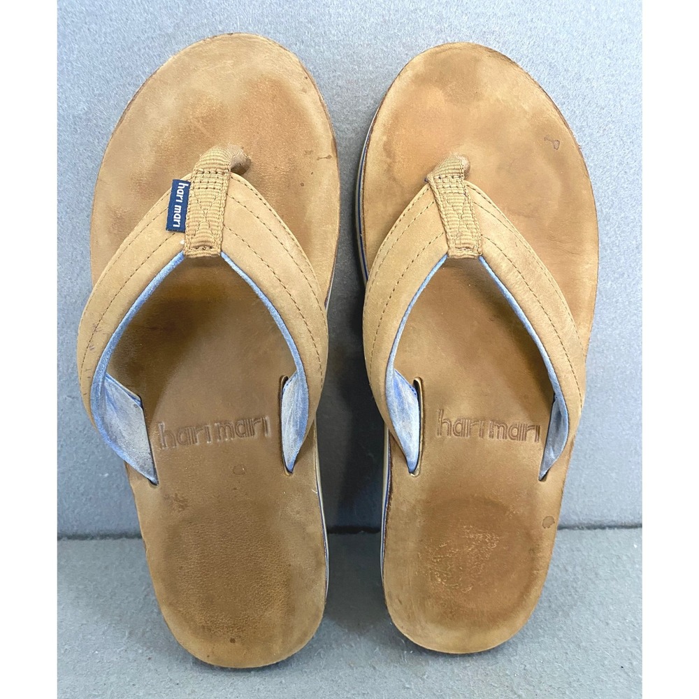 Hari Mari Fields Men 7 Tan Nubuck Leather Flip Flops Navy Blue Stripe Sandals